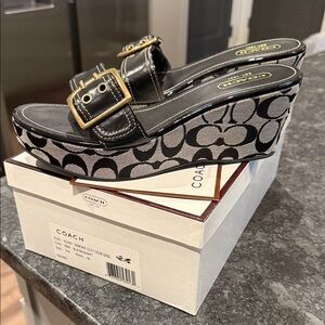 Coach Black and Gold Wedge Sandals